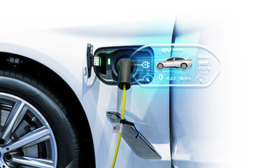 Power cable pump plug in charging power to electric vehicle EV car.