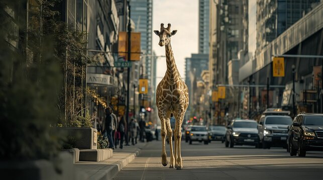 AI-generated illustration of giraffe walks down a busy city street surrounded by cars and buildings