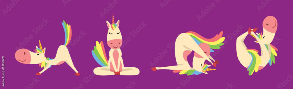 Poster funny unicorn character with rainbow tail practicing yoga exercise vector set