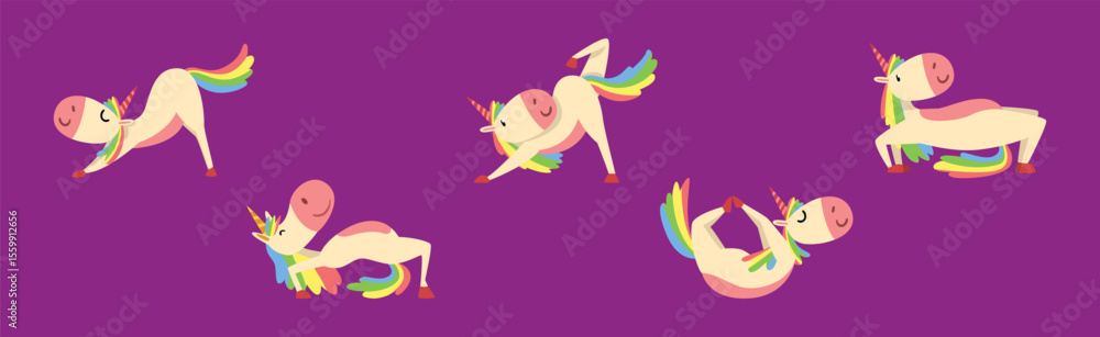 Poster funny unicorn character with rainbow tail practicing yoga exercise vector set