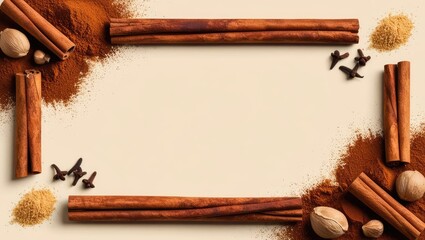 Aromatic Spice Frame: Cinnamon, Clove, and Nutmeg Border on Warm Beige Background with Copy Space