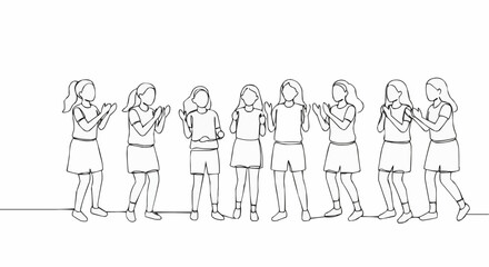Line drawing of children engaging in clapping, forming a group and exuding positivity.