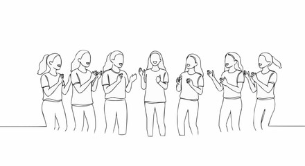 Naklejka premium Continuous line drawing of diverse women cheering in a minimalist art style.