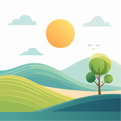 Fototapeta premium quiet landscape with hills, sun, and a lone tree, soft gradients