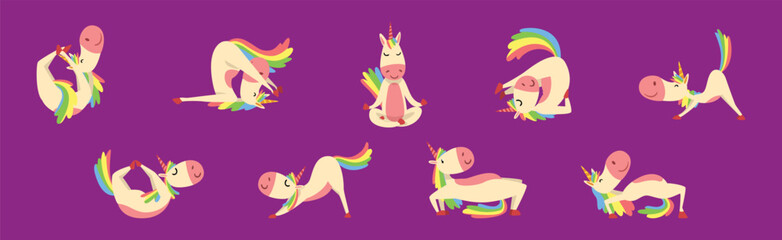 Funny Unicorn Character with Rainbow Tail Practicing Yoga Exercise Vector Set