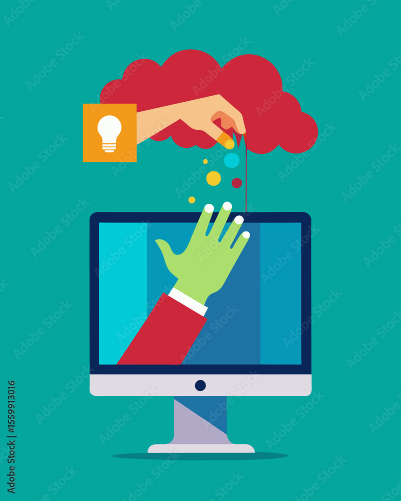Poster a hand reaching out from a computer screen attempting to grasp and manipulate the thoughts of the us
