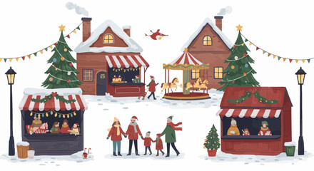 Festive Christmas market scene with charming stalls, carousel, and people enjoying the winter atmosphere.