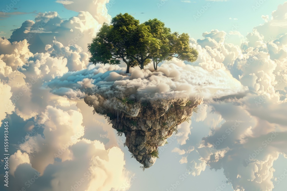 Poster surreal landscape depicting a floating island with lush trees, suspended high above the clouds in a 