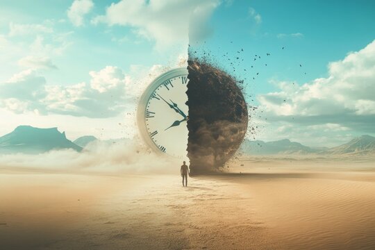 An image of time being split in half, with one side showing a desert and the other a person walking on it, symbolizing moving forward after cloudy days