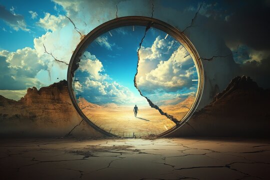 An image of time being broken into two parts, one side with a desert landscape and the other side with a cloudy sky