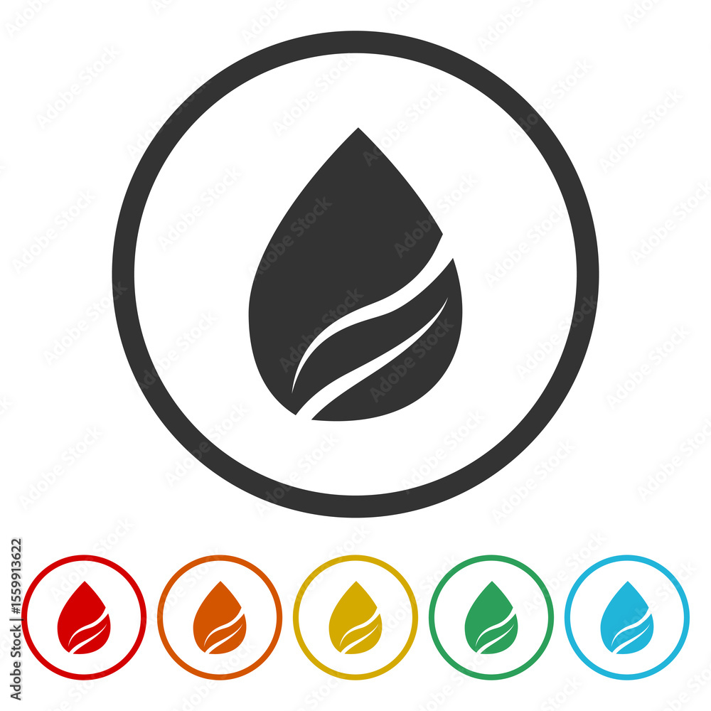 Poster water drops with leaves inside icon. set icons in color circle buttons