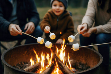 Fototapeta premium White Marshmallows Roasting Over Bright Campfire Flames fire pit