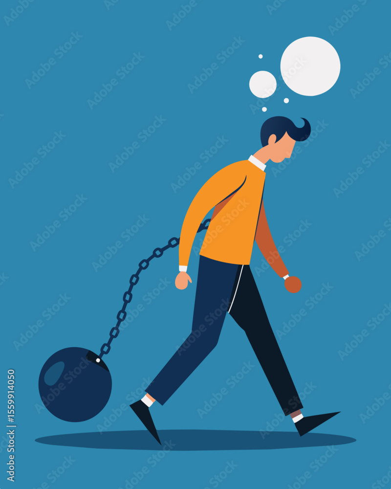 Poster a person walking with a chain around their head dragging behind them like a ball and chain represent