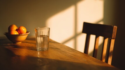 A serene kitchen scene featuring a glass of water and a bowl of oranges on a wooden table