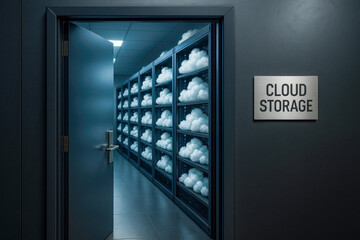 Open door to room with rows of cloud icons on racks, symbolizing digital storage, cloud computing, information security, server rental