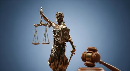 A golden statue of Lady Justice holding a law book and scales stands next to a wooden gavel. Symbolizes constitutional law, legal code, and judicial authority.