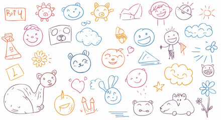 Whimsical Children's Drawings on White Canvas