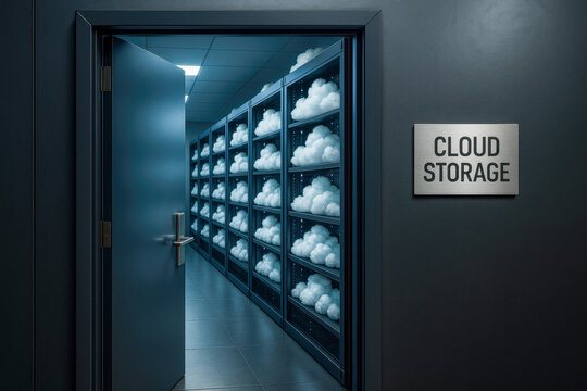 Open door to room with rows of cloud icons on racks, symbolizing digital storage, cloud computing, information security, server rental