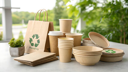 Eco friendly disposable paper tableware and shopping bag with recycling symbol