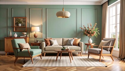 Fototapeta premium Retro-inspired living room featuring a couch and chair displayed with elegant decor style