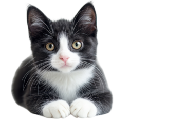 Adorable Kitten Stares Directly Tuxedo Cat Portrait with Intense Gaze Pet Photography Isolated View