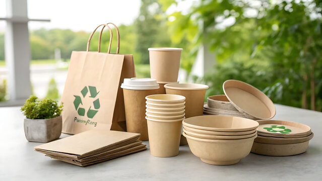 Eco friendly disposable paper tableware and shopping bag with recycling symbol