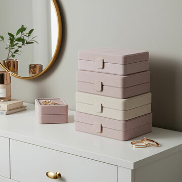 Stack of pastel jewelry boxes on a white dresser with a mirror and accessories nearby decoratively
