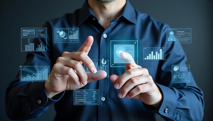 Man interacting with futuristic holographic interface displaying financial data and charts