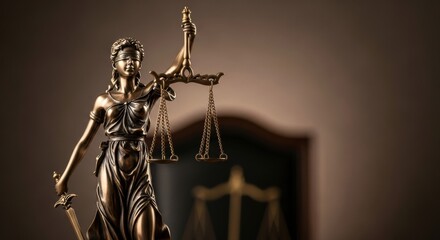 A bronze statue of Lady Justice holding a sword and scales in a dimly lit, warm-toned legal office or library, with a blurred background suggesting a professional setting.
