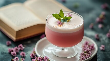 Pink special drink decorated with flowers and plants, open book on dark table, creating literary and leisurely atmosphere