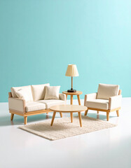 Miniature living room model, featuring a sofa, armchair, coffee table, and lamp on a pastel blue and white background.