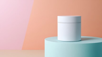 Minimalist product display of a white container on a pastel-colored pedestal against a soft background