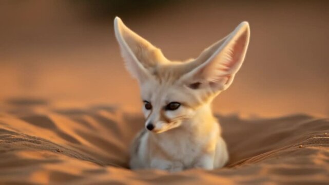 Alert Fennec Fox in Desert Sand Dune, Large Ears, Wildlife Portrait
