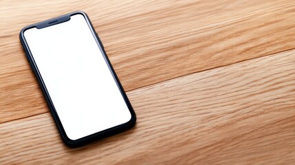 A smartphone lying on a wooden table, showcasing a blank screen in a minimalistic setting