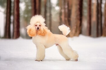 Beautiful young apricot-colored mini poodle in a rack against a background of trees
