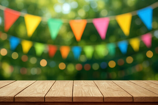 Wooden table foreground with colorful festive bunting and bokeh lights background