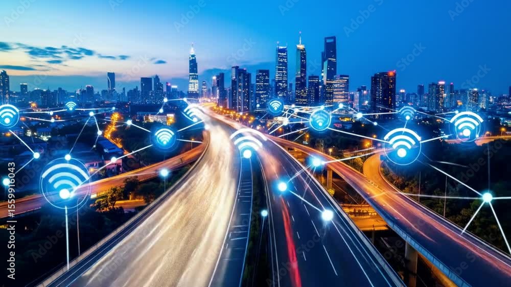 Poster smart city network connection and technology communication with wireless internet signal