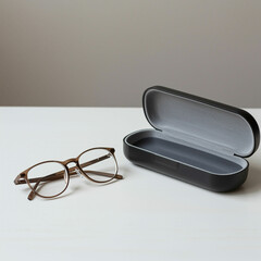 A pair of glasses with brown frames next to an open black glasses case on a white surface top