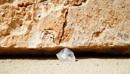 Crumpled plastic waste on sandy surface next to stone wall  