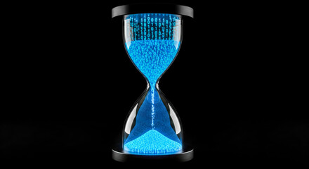 Digital hourglass with binary code sand on black background, this concept represents modern technology, passing time, and important project deadlines