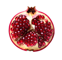 Ripe pomegranate cut in half showing juicy red seeds on transparent background