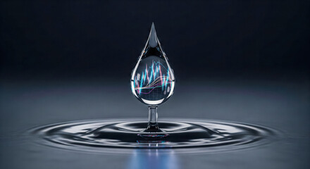 Water drop reflecting financial stock market chart with bullish and bearish trends, concept for investment analysis, economic volatility, forex trading, market forecast success