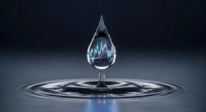 Water drop reflecting financial stock market chart with bullish and bearish trends, concept for investment analysis, economic volatility, forex trading, market forecast success