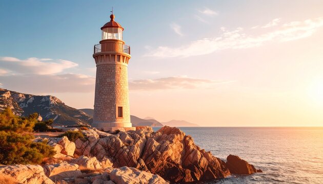 Digital lighthouse on a rocky cliff by the sea at sunset with rose gold tones - Powered by Adobe