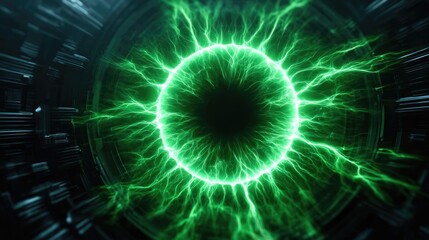 Green catalyst for hydrogen refueling and environmental reform concept. An abstract green eye emitting energy in a dark background.