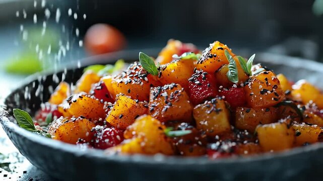 Diced butternut squash and red peppers sprinkled with seeds in bowl