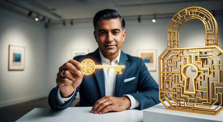 Confident businessman holding golden key to success, this concept shows unlocking opportunity, great wealth, and achieving important business goals