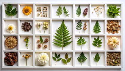 Fern, flower, and seed specimen arranged in grid format with white border frames and soft digital grain texture
