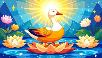 Mischievous brahminy shelduck enjoying spiritual enlightenment amidst water lilies pond