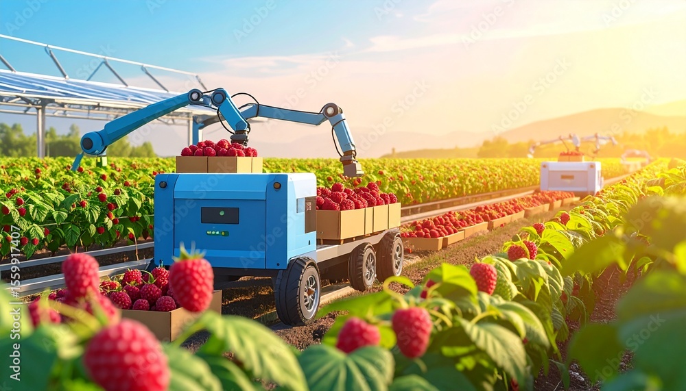 Poster robotic raspberry picker harvesting delicate berries with precision and efficiency in field